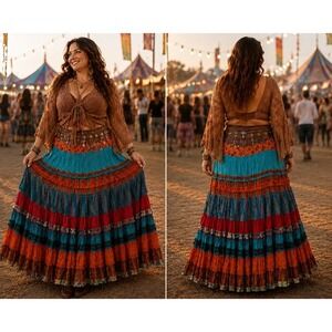 Sandy Starkman Boho‎ Tiered Patchwork Festival Maxi Skirt Plus Size  Waist 38-40